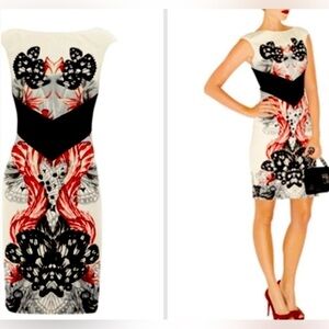 Karen Millen - Women’s Butterfly Print Dress Cream, Black and Red Lined Size 4
